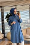 7509 Tencel Ön Düğmeli Cep Kapaklı Uzun Tunik Mavi