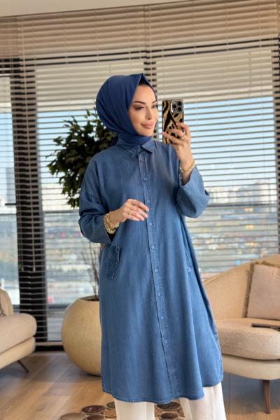 7509 Tencel Ön Düğmeli Cep Kapaklı Uzun Tunik Mavi