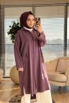 7509 Tencel Ön Düğmeli Cep Kapaklı Uzun Tunik Mürdüm