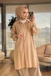 7511 Tencel Ön Cepli Metal Düğmeli Uzun Tunik Bej