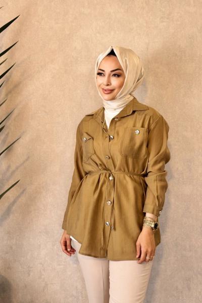 7561 Roba İki Cebli Metal Düğmeli Tunik Camel