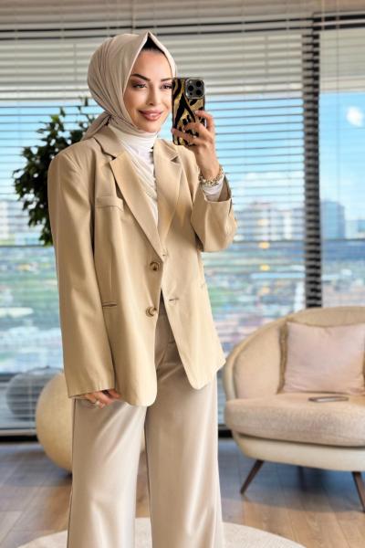 7688 Oversize Yırtmaçlı Ceket Vizon
