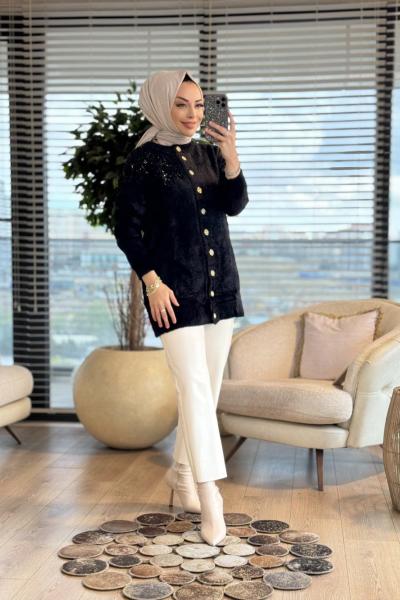 7701 Angora Boncuklu Oversize Hırka Siyah