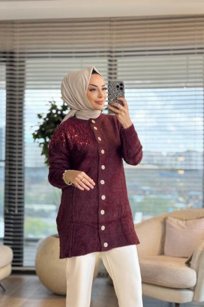 7701 Angora Boncuklu Oversize Hırka Bordo