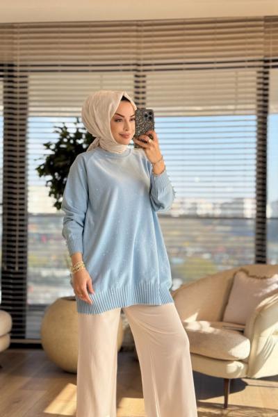 7880 Üstü Serpme Taşlı Triko Tunik Mavi
