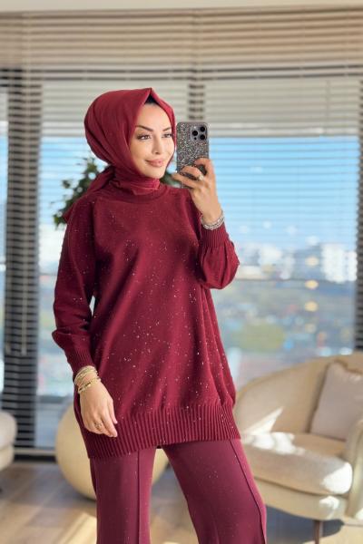 7880 Üstü Serpme Taşlı Triko Tunik Bordo