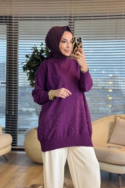 7880 Üstü Serpme Taşlı Triko Tunik Mor