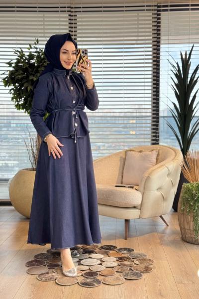 802 Tencel Önü Çiçek Düğme Yakasız Takım Lacivert