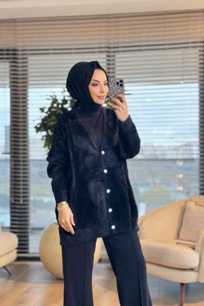 80259 Saçak V Yaka Hırka Siyah