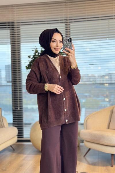 80259 Saçak V Yaka Hırka Kahve