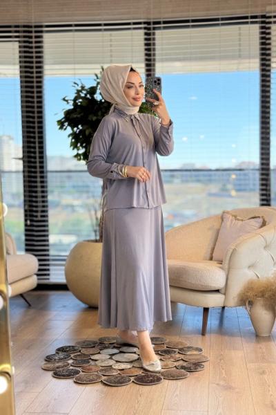 8102 Naz Yakası Taşlı Takım Gri