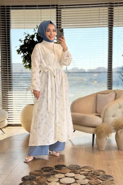 8108 Üst Nakışlı Uzun Kimonolu Takım Ekru İndigo