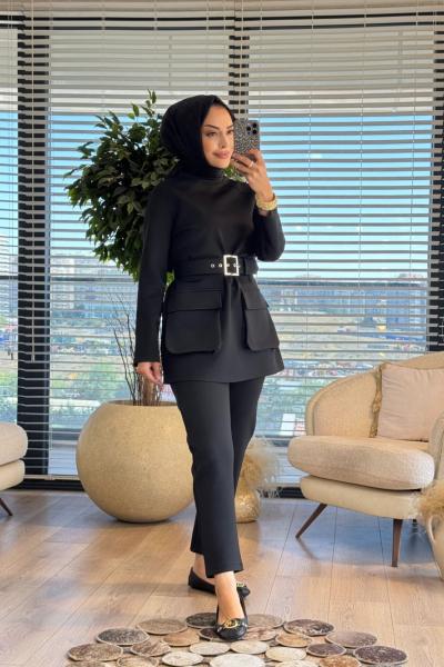 8566 Ön İki Cepli Kemerli Takım Siyah