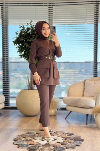 8566 Ön İki Cepli Kemerli Takım Kahve