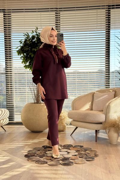 8567 Yaka Ve Patı Fırfırlı Takım Bordo