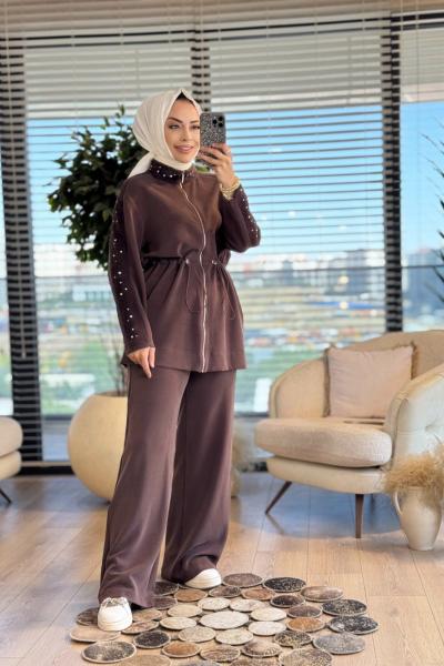 8578 Yaka Kol Kürk Ve Taş Detaylı Takım Kahve