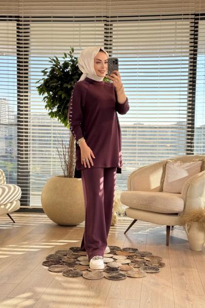 8581 Omuz Ve Kolu Taş Detaylı Takım Bordo