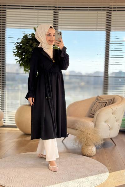 8593 Yandan Bağlamalı Yaka Kenarı Fırfırlı Elbise Siyah