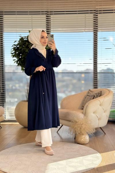 8593 Yandan Bağlamalı Yaka Kenarı Fırfırlı Elbise Lacivert