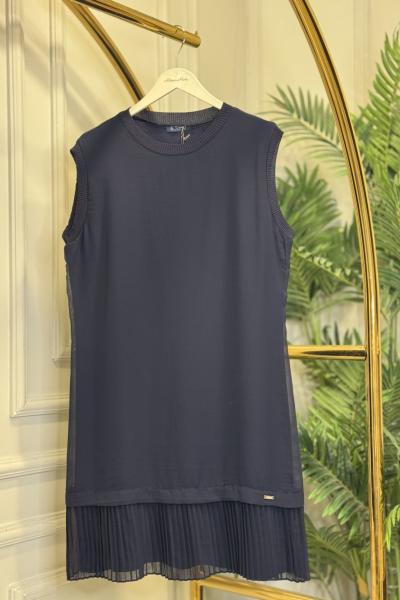 876 Önü Şifon Altı Piliseli Kolsuz İçlik Lacivert