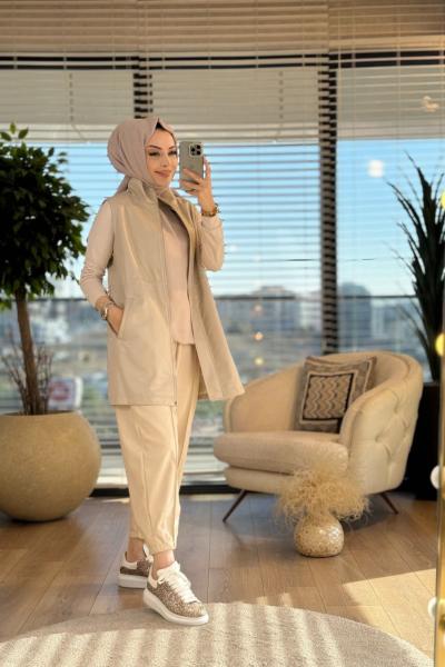 9230 Deri Ön Fermuarlı Yelek Bej