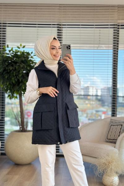 9237 Kapitone Önü Cepli Yelek Siyah