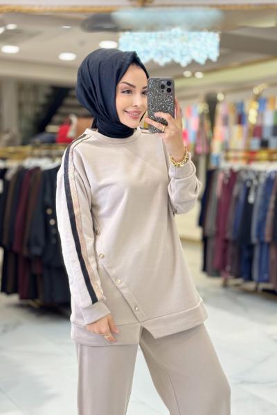 9828 Omuzları Sim Şeritli Takım Bej