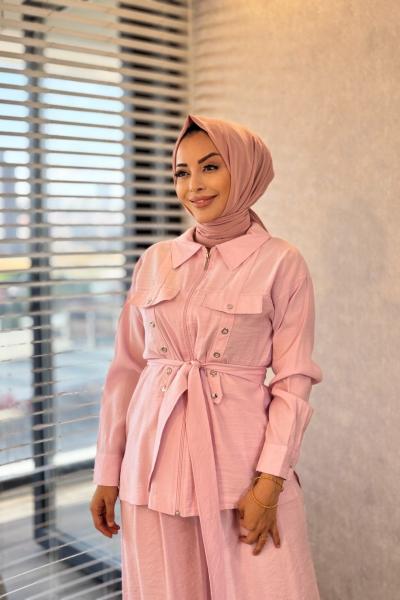 9887 Cep Altı Zımba Kuşaklı Takım Pembe