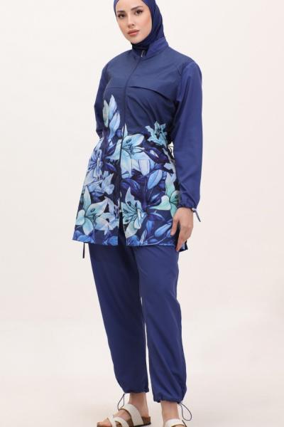 9909 Çiçekli Tesettür Mayo Lacivert