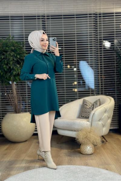 A1411 Krep Arkası Yıldızlı Tunik Zümrüt