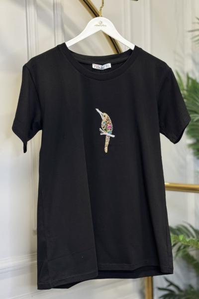 CHD58 Önü Kuş Baskılı Yarım Kollu Tişört Siyah