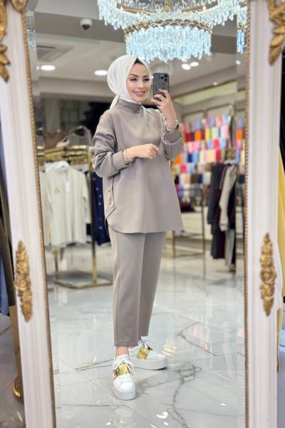 HWN6260 Yanları Düğme Detaylı Takım Vizon