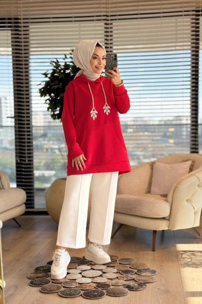 HWN9020 Maraya Kanguru Cepli Sweat Kırmızı