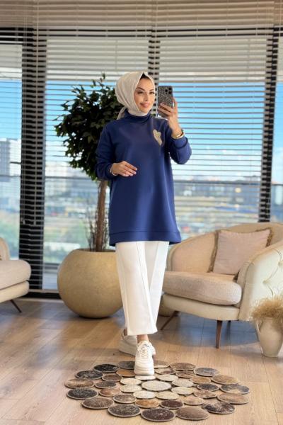 HWN9025 Kalp Broşlu Scuba Sweat İndigo