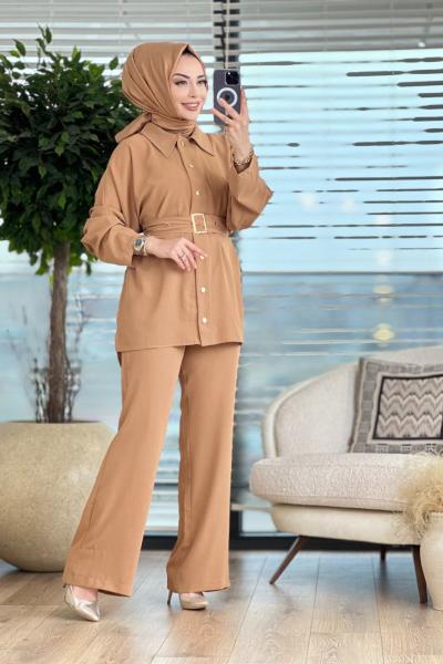 M-2237 Ön Çıtçıtlı Kuşaklı Takım Camel