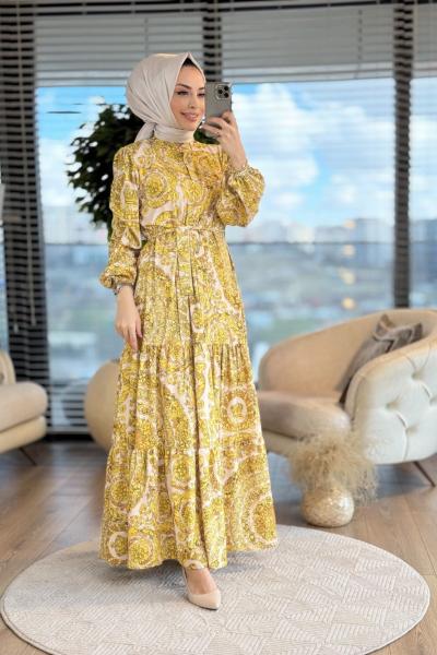 MRW1248 Desenli Önden Düğmeli Elbise Ekru Sarı