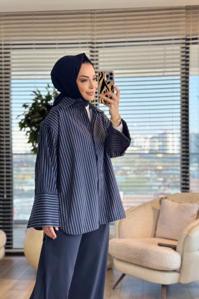 MRW1688 Çizgili Poplin Gömlek Lacivert