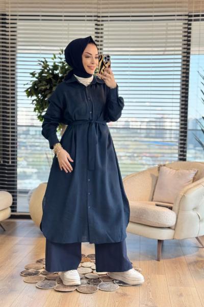 MRW1811 Uzun Keten Gömlek Lacivert