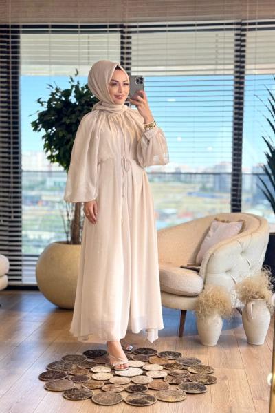 PR5709 Şifon Taş Baskı Yaka Büzgülü Elbise Taş