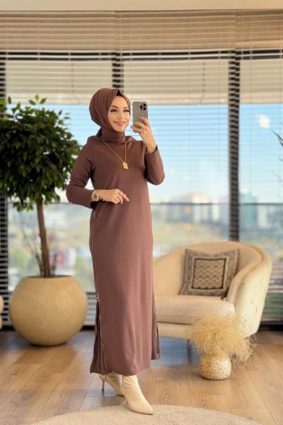 W5718 Yanları Fermuarlı From Elbise Kahve