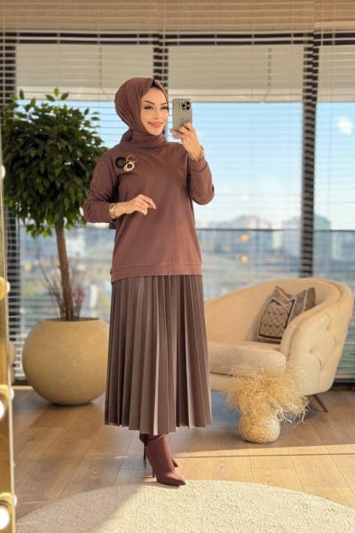 W5924 Zara Deri Pilise Etekli Takım Kahve