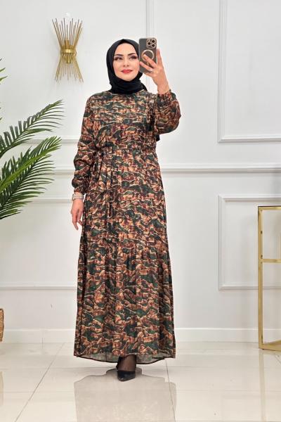 MELİKE ELBİSE-KAHVERENGİ DESENLİ